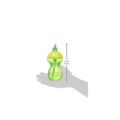 Munchkin Click Lock Flip Straw sippy cup, 9 oz, in green with yellow lid, held in hand with size comparison.