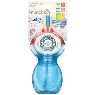 Munchkin Click Lock Flip Straw Cup, 9 oz, featuring a blue design, silicone straw, and leak-proof technology for spill-free sipping.