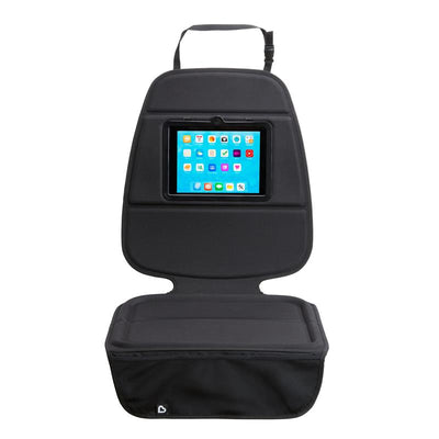 Munchkin Elite Seat Guardian featuring a tablet holder, designed to protect car seats with a sleek black design.