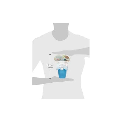 Munchkin Fall 10 oz Miracle 360° Sippy Cup in blue, held by a person with dimensions 8.1 in x 20 cm displayed.
