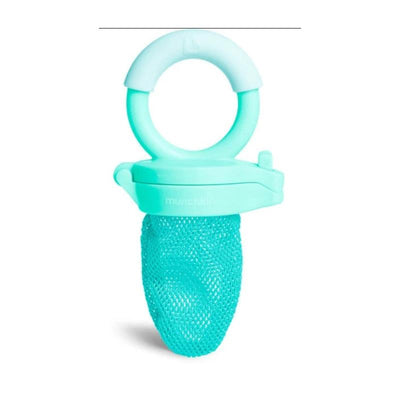 Fresh food feeder in mint color by Munchkin, featuring a mesh netting for safe food consumption.