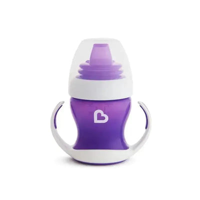 Munchkin Gentle Transition Cup in purple, featuring two handles and a soft spout for easy drinking.