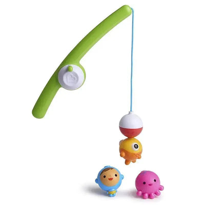 Munchkin Gone Fishing Bath Toy features a green fishing rod, bobber, and colorful fish and octopus figures for playful bath time fun.