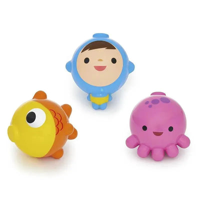 Colorful Munchkin Gone Fishing Bath Toy set featuring a blue diver, an orange and yellow fish, and a pink octopus.