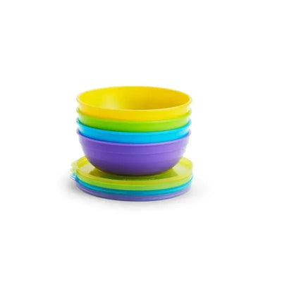 Colorful Munchkin Lova-a-Bowls 10-piece set stacked, featuring purple, blue, green, and yellow bowls suitable for toddlers.