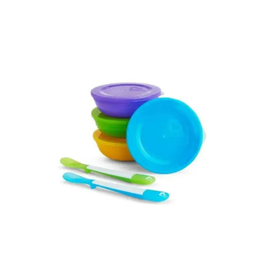 Munchkin Lova-a-Bowls 10-piece set with colorful bowls and matching spoons, ideal for baby feeding.
