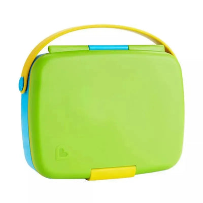 Lunch Bento Box in green and yellow with a blue handle, designed to store meals, includes stainless steel utensils.