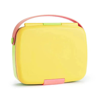 Bento box in yellow and pink with a handle, designed for lunch, includes stainless steel utensils.