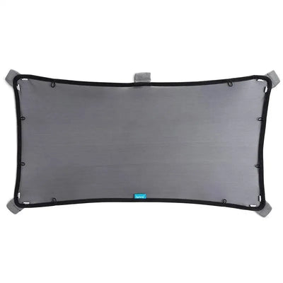 Magnetic Stretch-To-Fit Sun Shade with a gray fabric and black border, designed to block sunlight in vehicles.