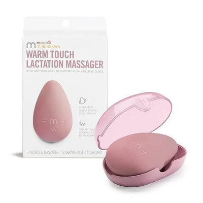 Munchkin Milkmakers Warm Touch Lactation Massager with heat and vibration features, displayed in a carrying case.