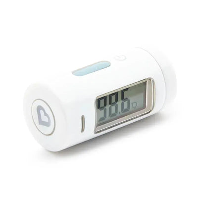 Mini infrared thermometer in white with digital display showing temperature of 98.6°F, designed for all ages.