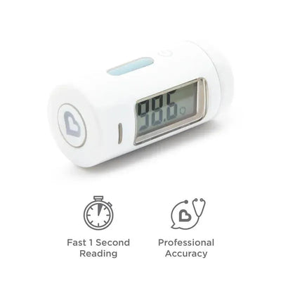 Mini infrared thermometer for babies and adults, displaying 98.6°F reading, emphasizing fast 1 second read and accuracy.