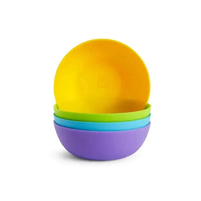 Four colorful, lightweight plastic bowls stacked together, including yellow, green, blue, and purple.