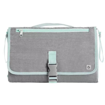 Gray and mint diaper changing kit with a secure buckle, featuring a zippered compartment and a handle for easy transport.