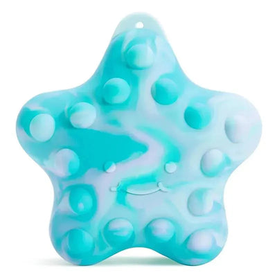 Sensory baby fidget toy designed as a starfish, featuring a smiling face and a soft, squeezable body in blue and white swirls.
