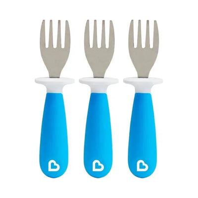 Set of three toddler forks by Munchkin, featuring blue handles and stainless steel tines for easy gripping.