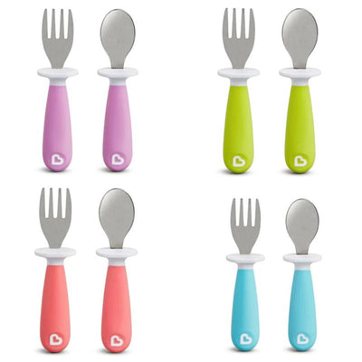 Toddler fork and spoon set in various colors: pink, green, coral, and blue, with soft handles and stainless steel heads.