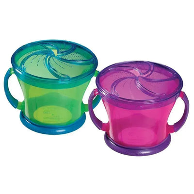 Colorful snack containers from Munchkin, featuring two handles and a lid with perforations for easy snack access.