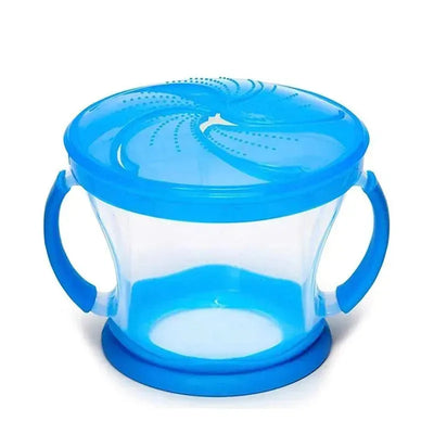 Blue Munchkin Snack Catcher with handles and a lid featuring holes for easy snacking without spills.