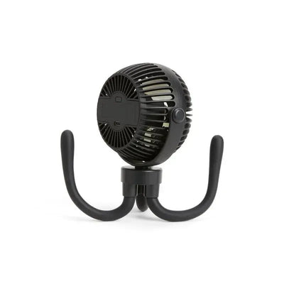 Portable black stroller fan with 4 speeds, rechargeable battery, and flexible base for easy attachment.