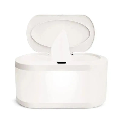 Munchkin Touchfree Wipe Warmer with an open lid, showcasing a wipe dispenser.