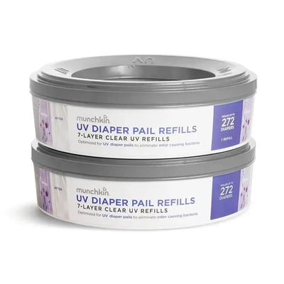 Munchkin UV diaper pail refill rings in a two-pack, designed to hold up to 272 diapers each with 7-layer UV protection.
