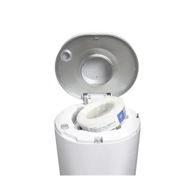 Munchkin UVC Diaper Pail Refill Rings in a diaper pail, showing the roll of refill rings inside the opened lid.
