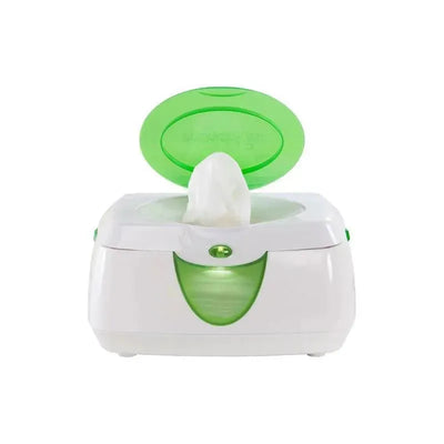 Munchkin Warm Glow Wipe Warmer with a white exterior and green lid, dispensing a warm baby wipe.