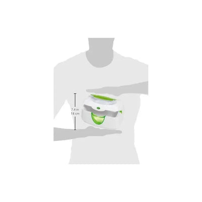 Munchkin Warm Glow Wipe Warmer in white and green, shown with size dimensions of 7.4 inches, designed to keep wipes warm.
