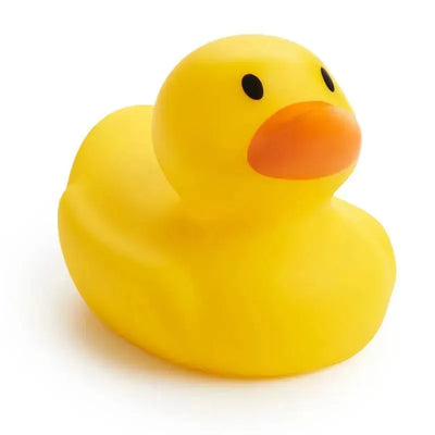 Munchkin White Hot Safety Bath Ducky, a bright yellow rubber duck with an orange beak and black eyes.