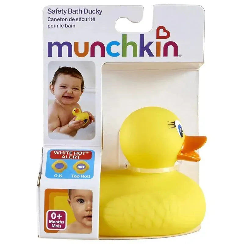 Munchkin White Hot Safety Bath Ducky, a yellow rubber duck with a temperature alert feature on the packaging.