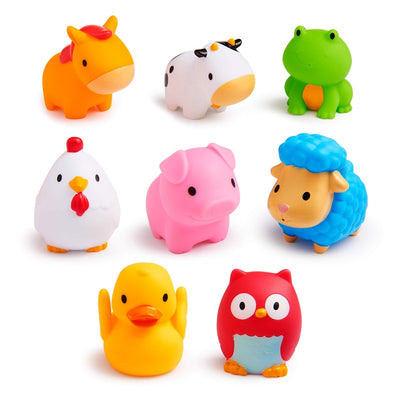 Eight colorful bath toys shaped like farm animals, including a horse, cow, pig, sheep, chicken, frog, duck, and owl.