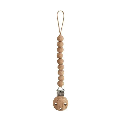 Silicone baby pacifier clip featuring faux wood beads and a silver metal clip, BPA free.