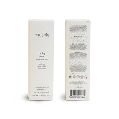Mushie Baby Cream 100 ml in a white box, labeled fragrance-free, with ingredient list and usage instructions on the back.
