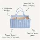 Ivory Mushie Baby Diaper Caddy features two removable dividers, handles for easy carrying, and is easy to clean.