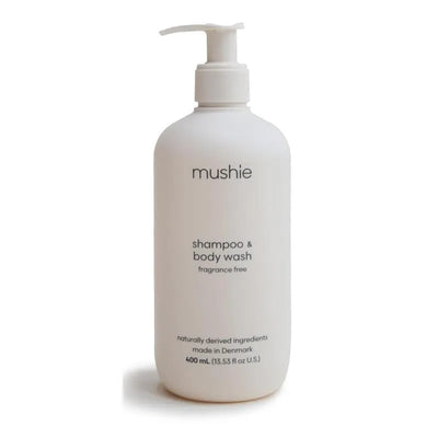 Mushie baby shampoo and body wash, fragrance-free, in a white 13.53 fl oz pump bottle.