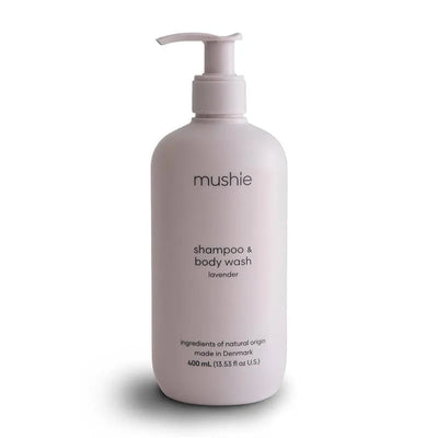Mushie lavender baby shampoo and body wash, 400 ml bottle with a pump dispenser, featuring a minimalist design.