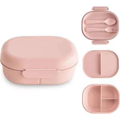 Mushie Bento Lunch Box in blush color, featuring a two-compartment design with included cutlery.