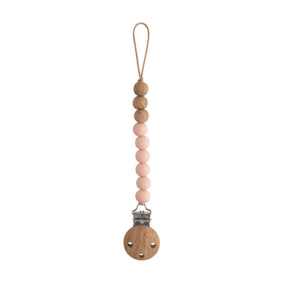 Blush Mushie Eva pacifier clip featuring wooden and silicone beads with a secure clip for attaching to pacifiers.