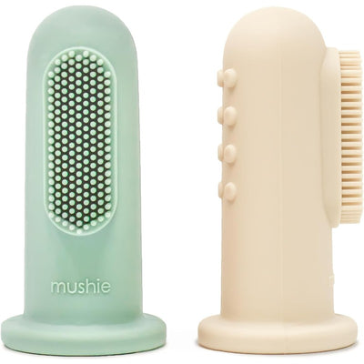 Mushie 2-Pack Finger Toothbrushes in Shifting Sand and Cambridge Blue, featuring textured surfaces for effective cleaning.