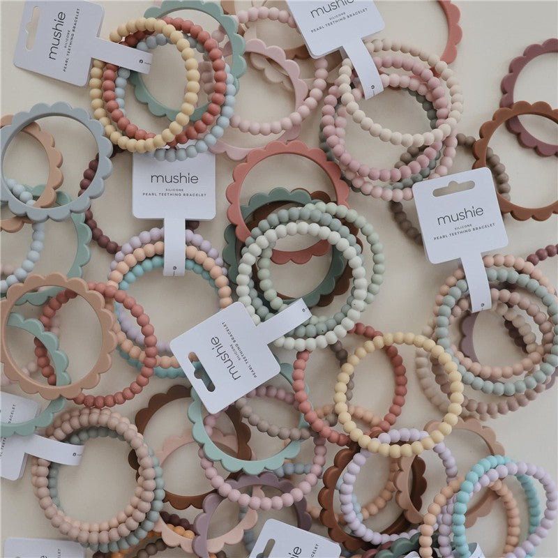 Mushie Flower Teething Bracelet 3-Pack - Rose/Blush/Shifting Sand Image 3