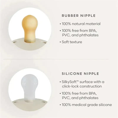 Natural rubber baby pacifier with a blush/cream design, featuring a rubber nipple and a silicone nipple, both BPA-free.