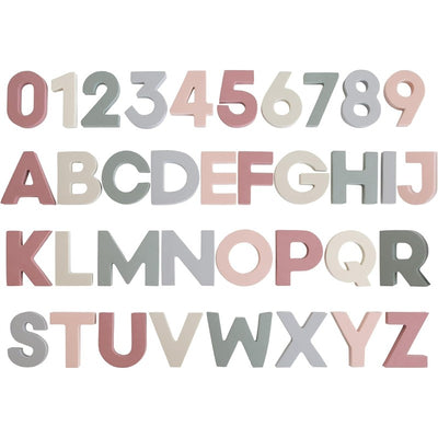 Mushie Foam Letters & Numbers Bath Play Set in pastel colors, includes digits 0-9 and letters A-Z.