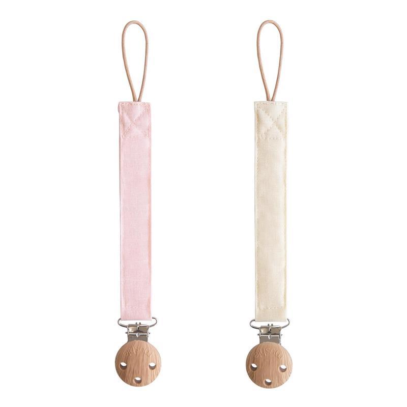 Mushie - Linen Baby Pacifier Clip Holder, Soft Fabric Strap, 2-Pack, Blush/Cream Image 1