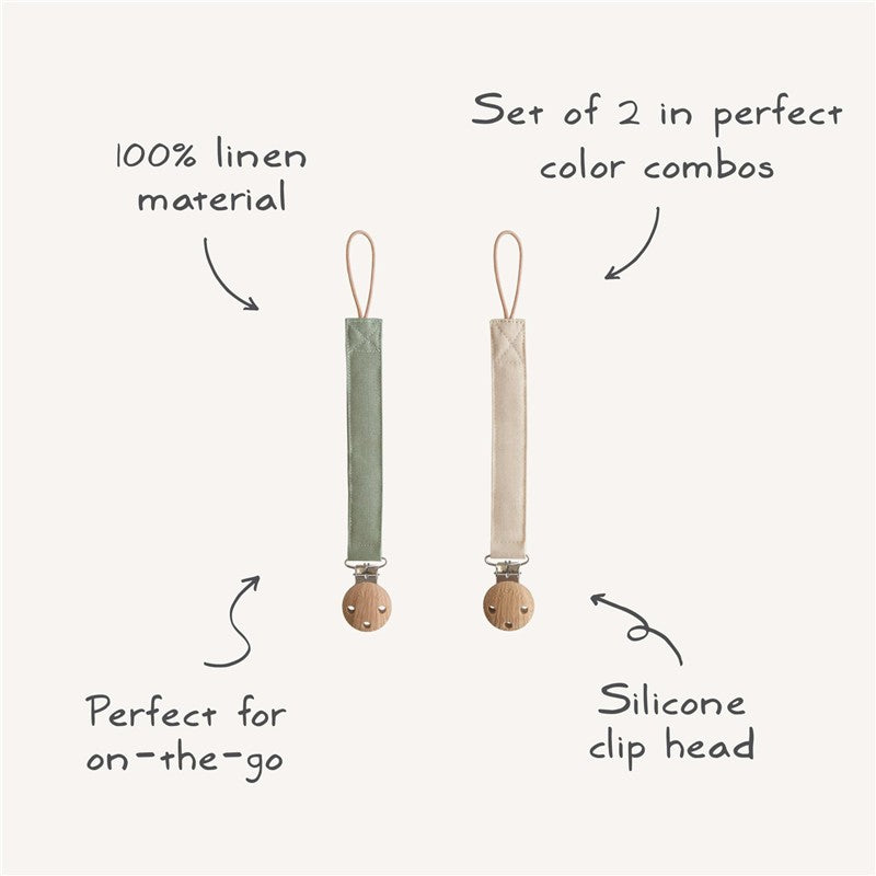 Mushie Linen Pacifier Clip 2-Pack - Olive/Shifting Sand Image 3