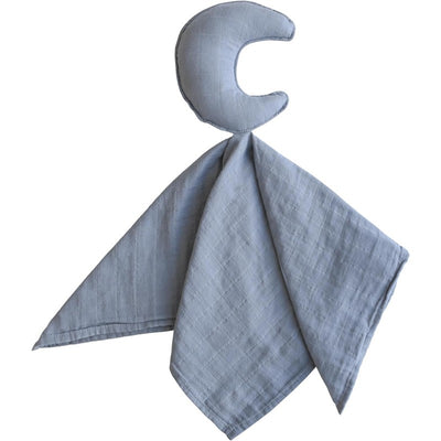 Mushie Moon Lovey - Tradewinds, a soft gray muslin comfort toy with a crescent moon head and triangular blanket.