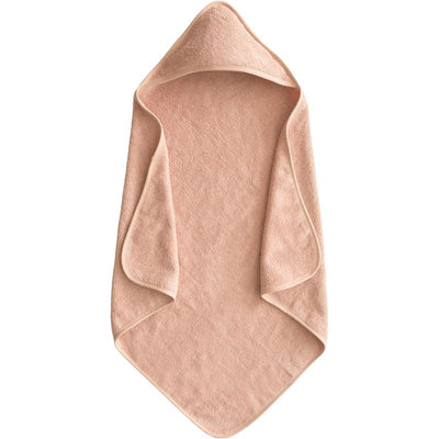 Hooded towel in blush color, featuring a soft texture and rounded edges, ideal for keeping babies warm and cozy.