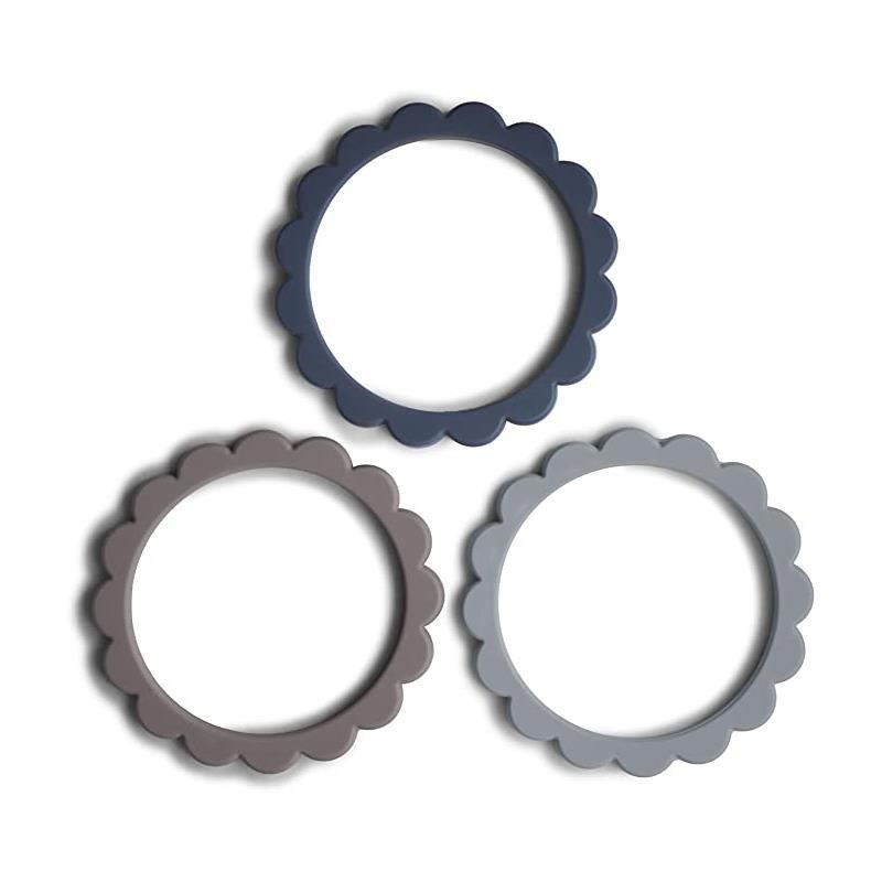 Mushie Silicone Baby Flower Teether Bracelet 3 Pack Steel/Dove Gray/Stone Image 1