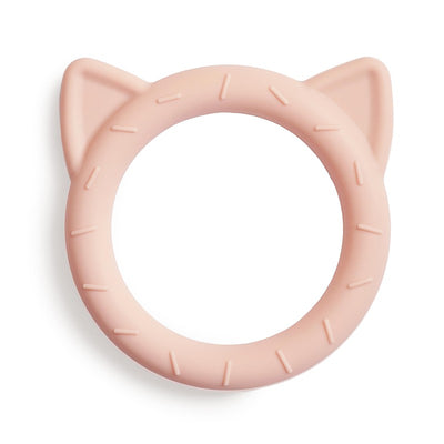 Blush-colored silicone cat teether with ear-shaped extensions and textured surface for infants.