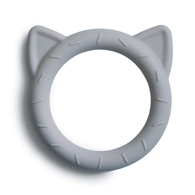 Silicone cat teether in stone color, featuring cat ears and textured surface for grasping. Ideal for teething toddlers.